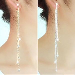 GOLD or SILVER Linear Long Tassels Diamanté Rhinestone Dangle Earrings